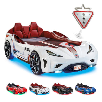GTS EV Twin-Size Race Car Bed, White - Remote Control, LED Lights, EV Sound FX