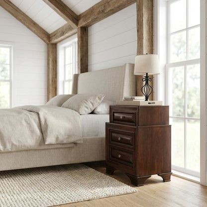 Transitional Cappuccino Nightstand with Dovetailed Drawers and Metal Glides