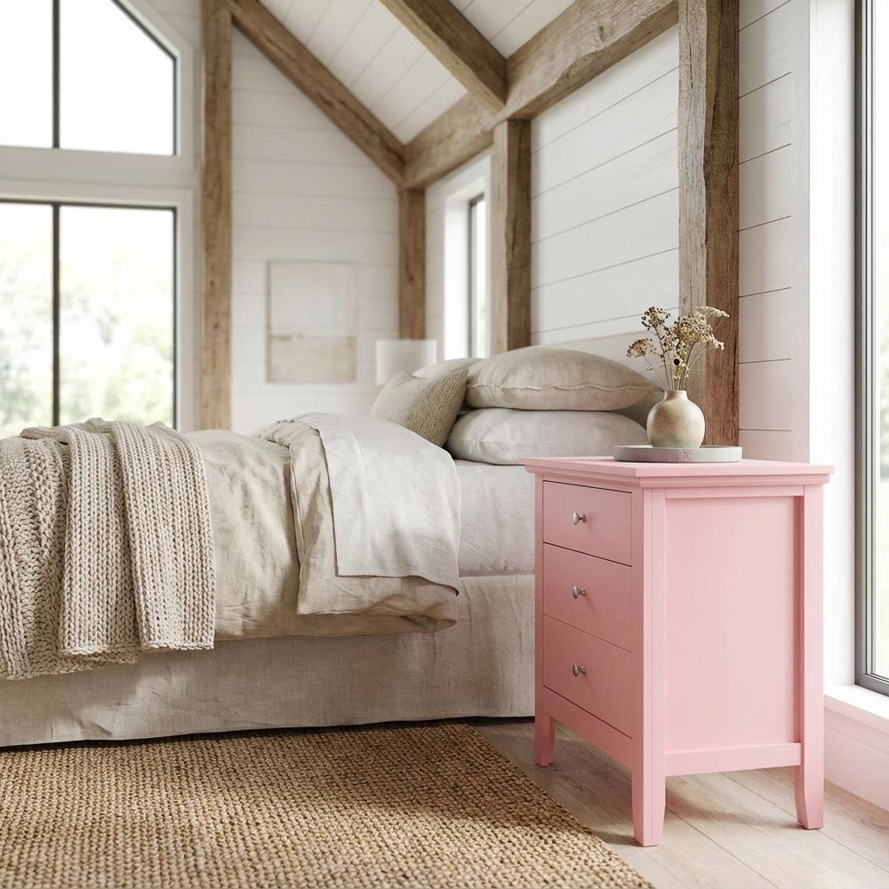 Pink Bedroom Nightstand with 3 Drawers, Casual Style, Dovetailed Construction