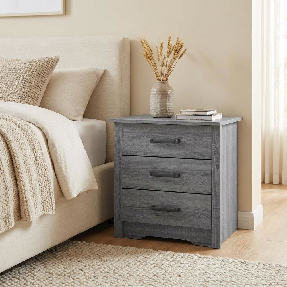 Gray Bedroom Nightstand with 3 Drawers and Metal Glides, Contemporary Style