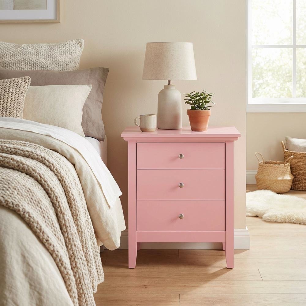 Pink Bedroom Nightstand with 3 Drawers, Casual Style, Dovetailed Construction