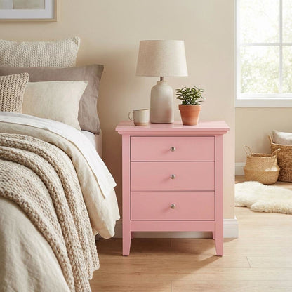 Pink Bedroom Nightstand with 3 Drawers, Casual Style, Dovetailed Construction