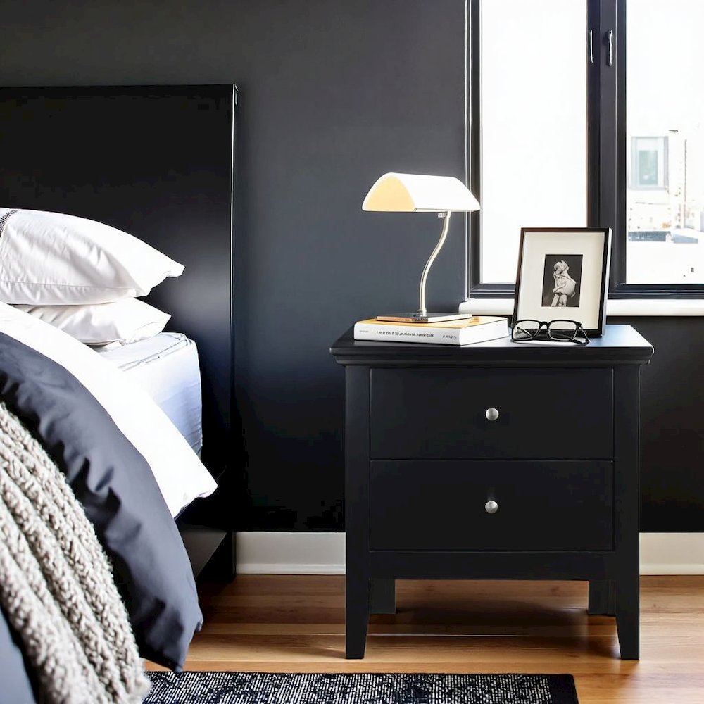 Black Nightstand with 2 Drawers, Wooden Bedside Table for Bedroom