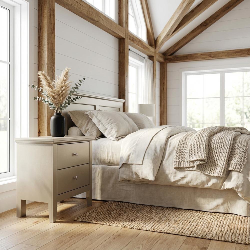 Champagne-Colored Nightstand, Dovetailed Drawer, Metal Glides, for Bedroom Style