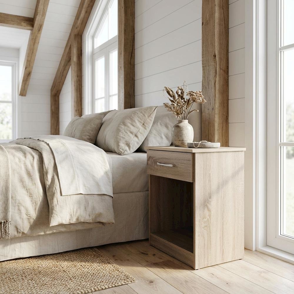Sandle Wood Nightstand with Single Drawer and Metal Glides in Casual Style