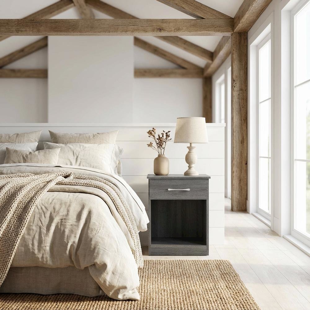Gray Bedroom Nightstand with Casual Style and Metal Drawer Glides