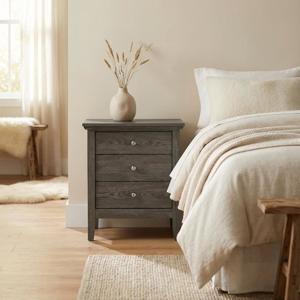 Smoked Gray Nightstand with 3 Drawers and Casual Style