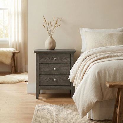 Smoked Gray Nightstand with 3 Drawers and Casual Style