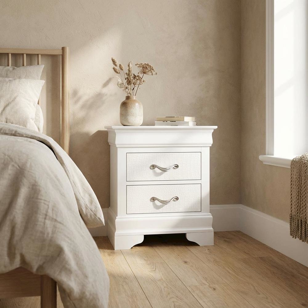White Transitional Nightstand with Dovetailed Drawers and Metal Glides