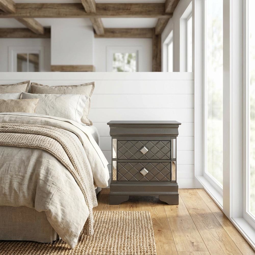 Metallic Black Nightstand with Dovetailed Drawers and Transitional Style