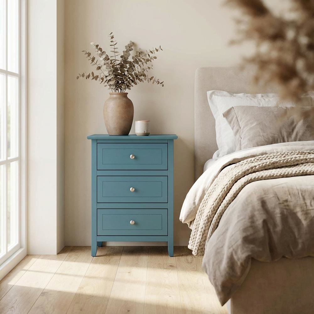 Blue 3-Drawer Nightstand with Transitional Style and Sturdy Construction