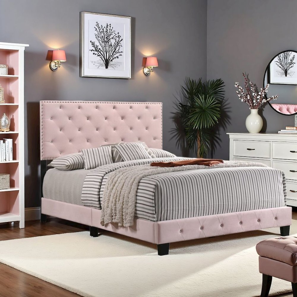 Elegant Pink Queen Bed Frame with Upholstered Headboard Design