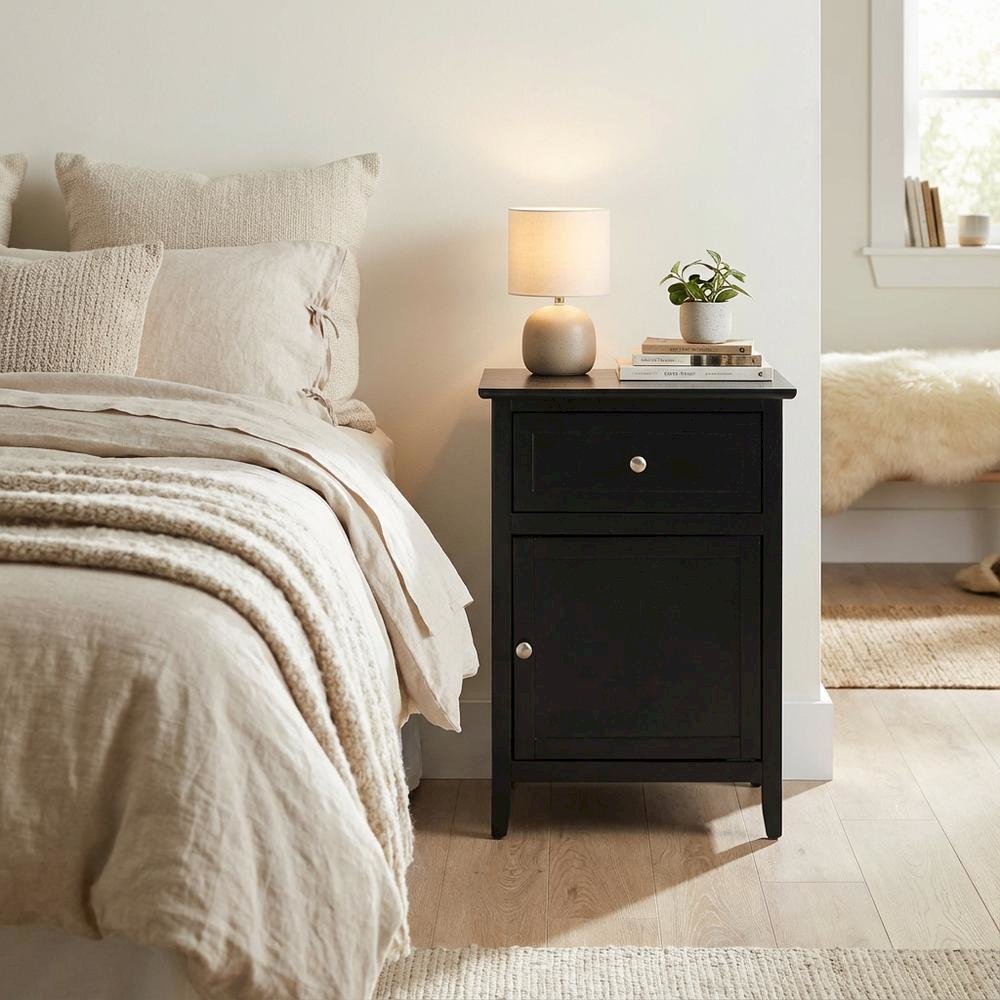 Black Bedroom Nightstand with Dovetailed Drawer and Transitional Style