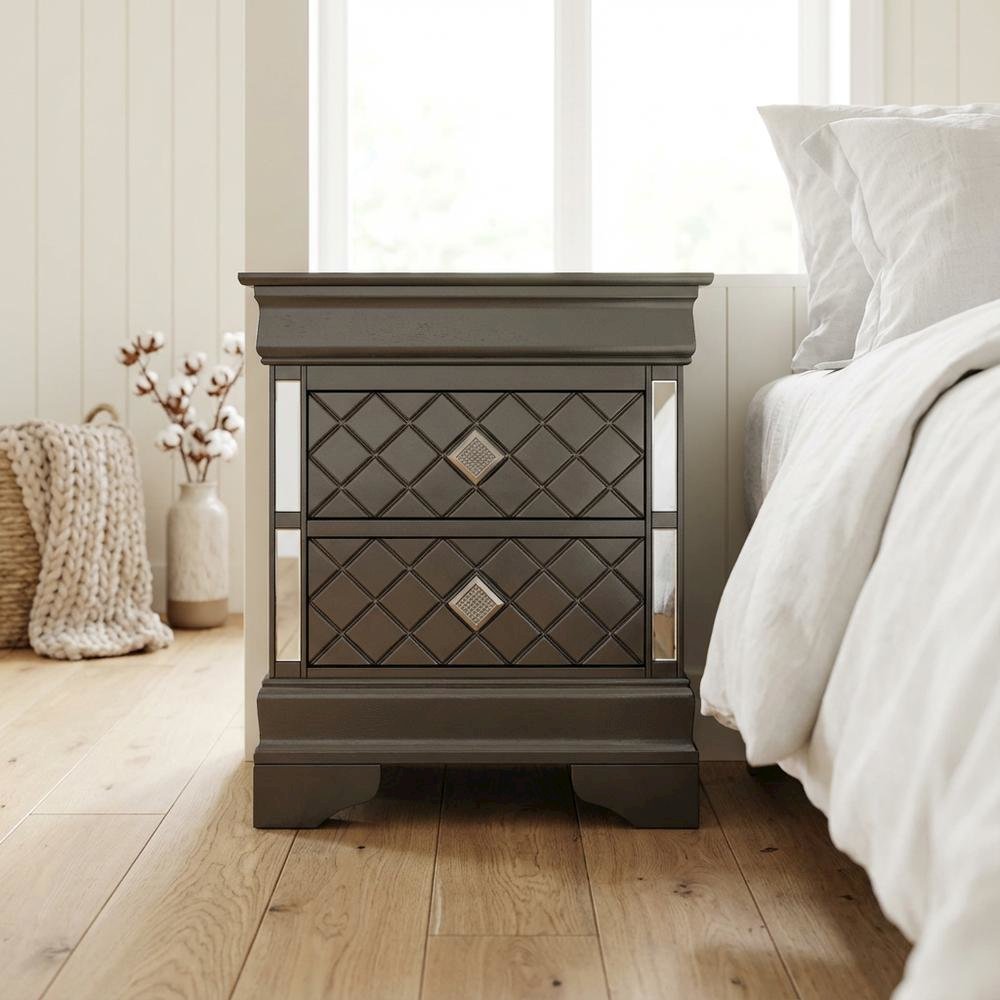 Metallic Black Nightstand with Dovetailed Drawers and Transitional Style