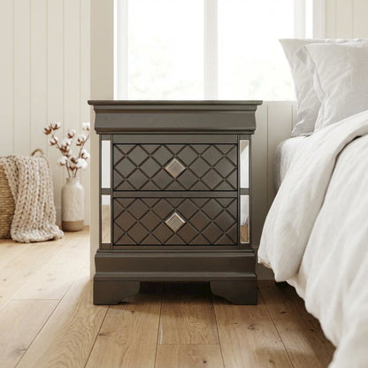 Metallic Black Nightstand with Dovetailed Drawers and Transitional Style