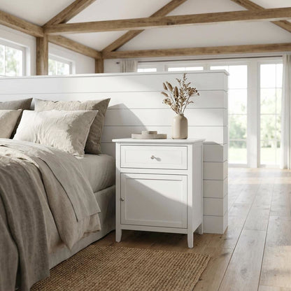White Bedroom Nightstand with Dovetailed Drawer and Transitional Style