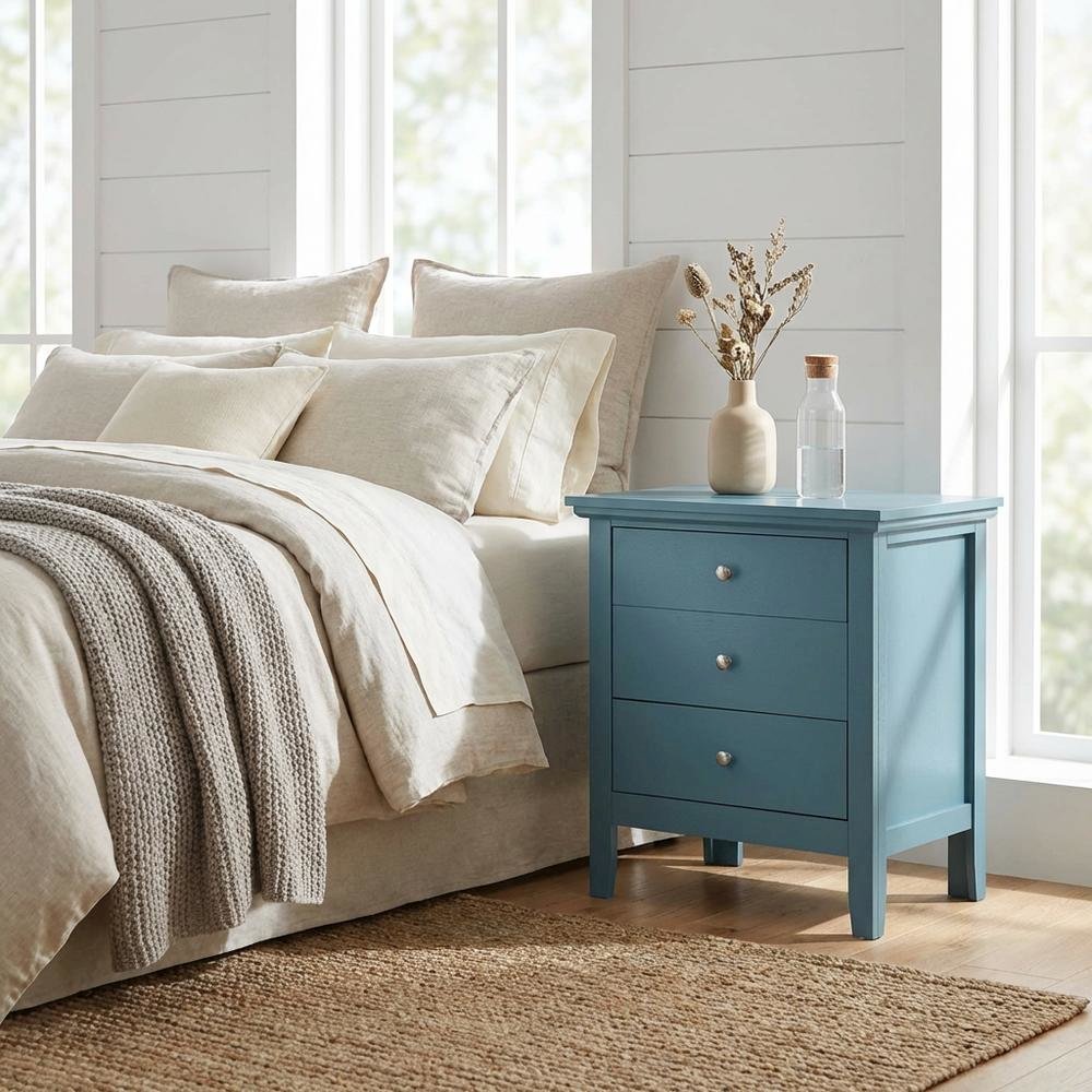 Teal Bedroom Nightstand with Three-Drawer Storage and Casual Style