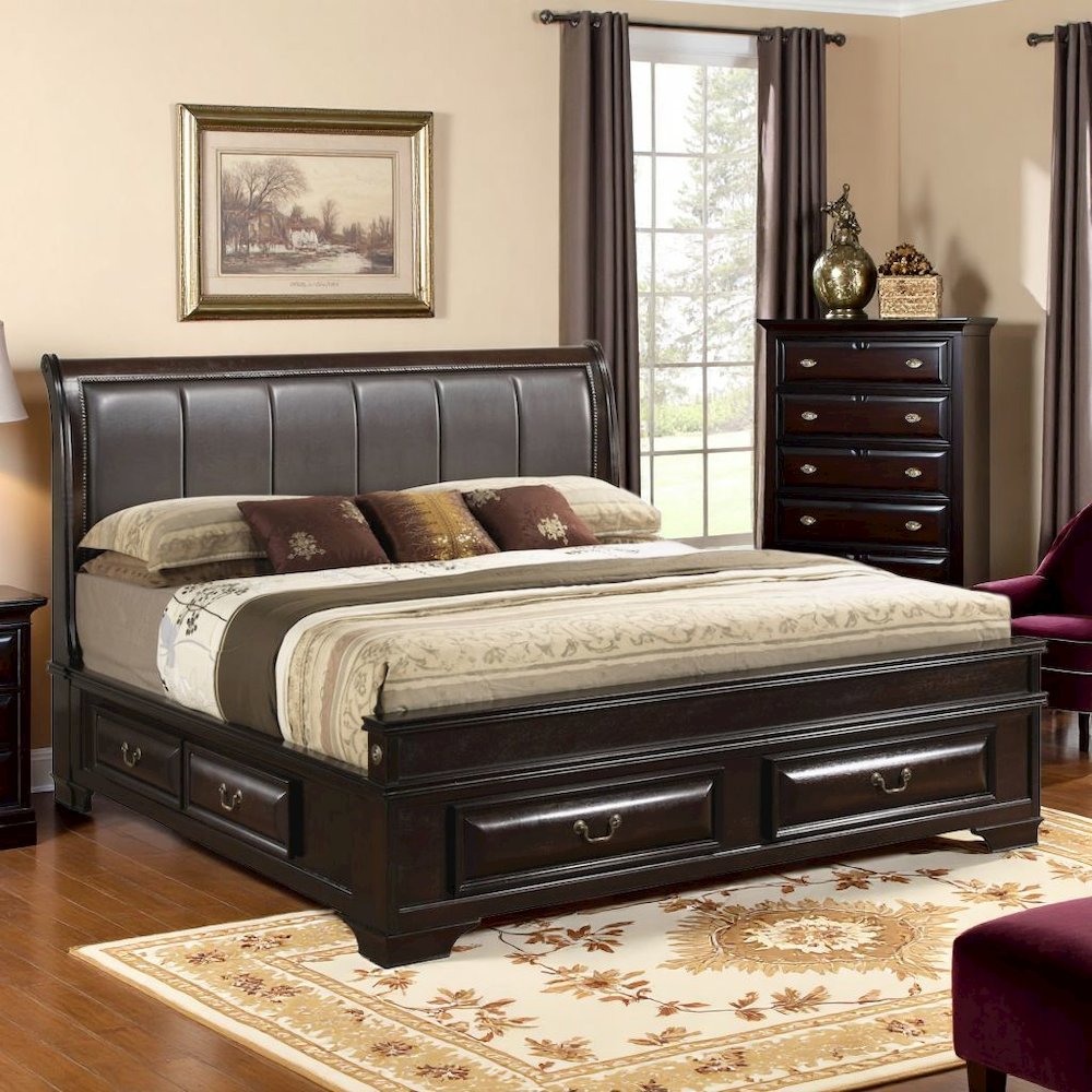 Brown King Size Bed Frame With 6 Drawers And Solid Wood Accents