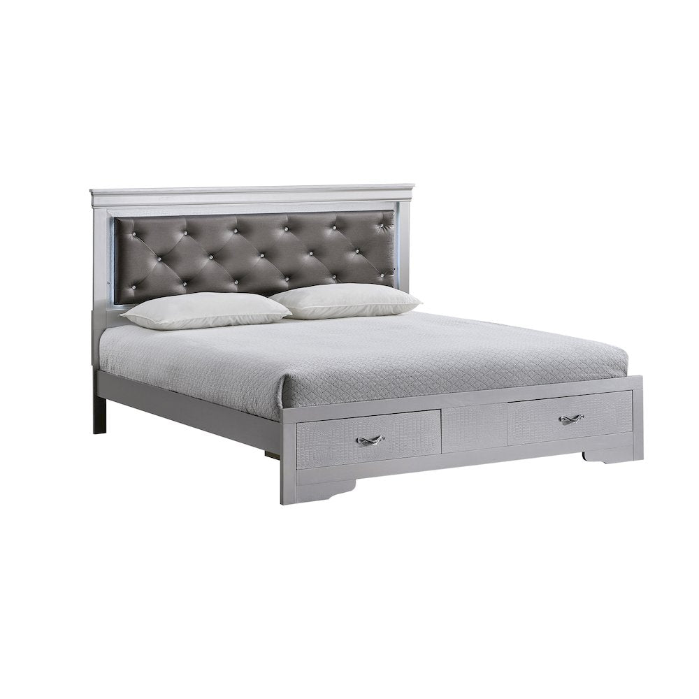 Storage Bed with LED Tufted Headboard, Bedroom Beds, Silver Champagne, Full