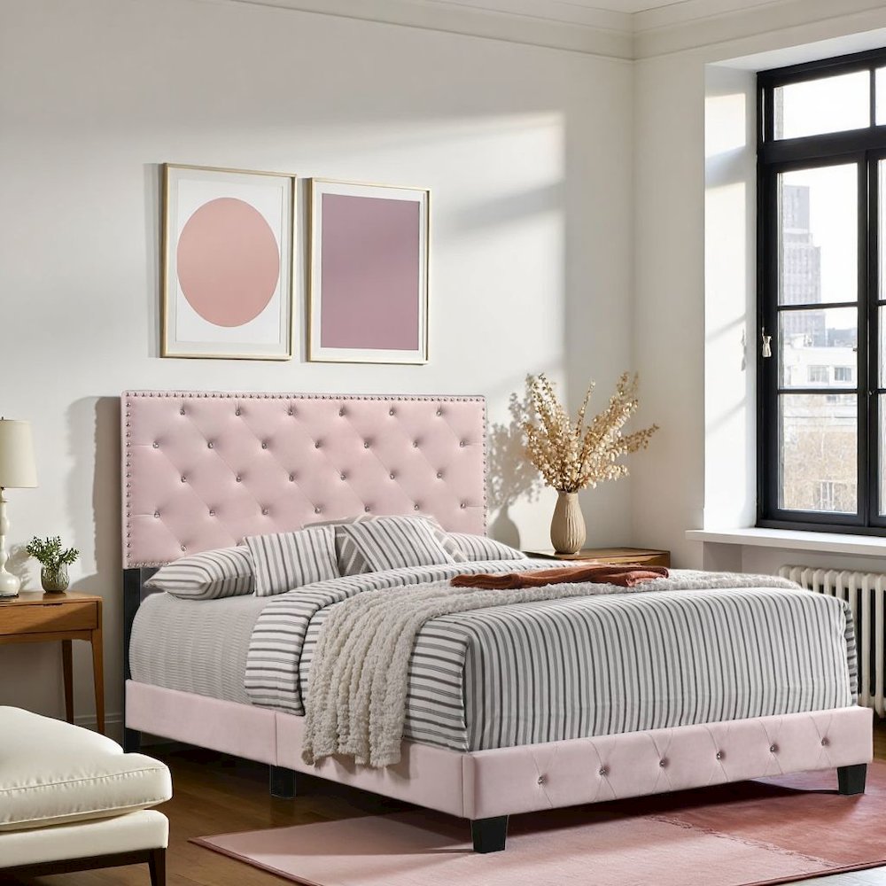 Elegant Pink Full Bed Frame for Girls, Classic Full Size Bed Design