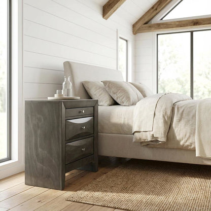 Gray Bedroom Nightstand, 3 Drawers, Dovetailed Construction, Contemporary Style