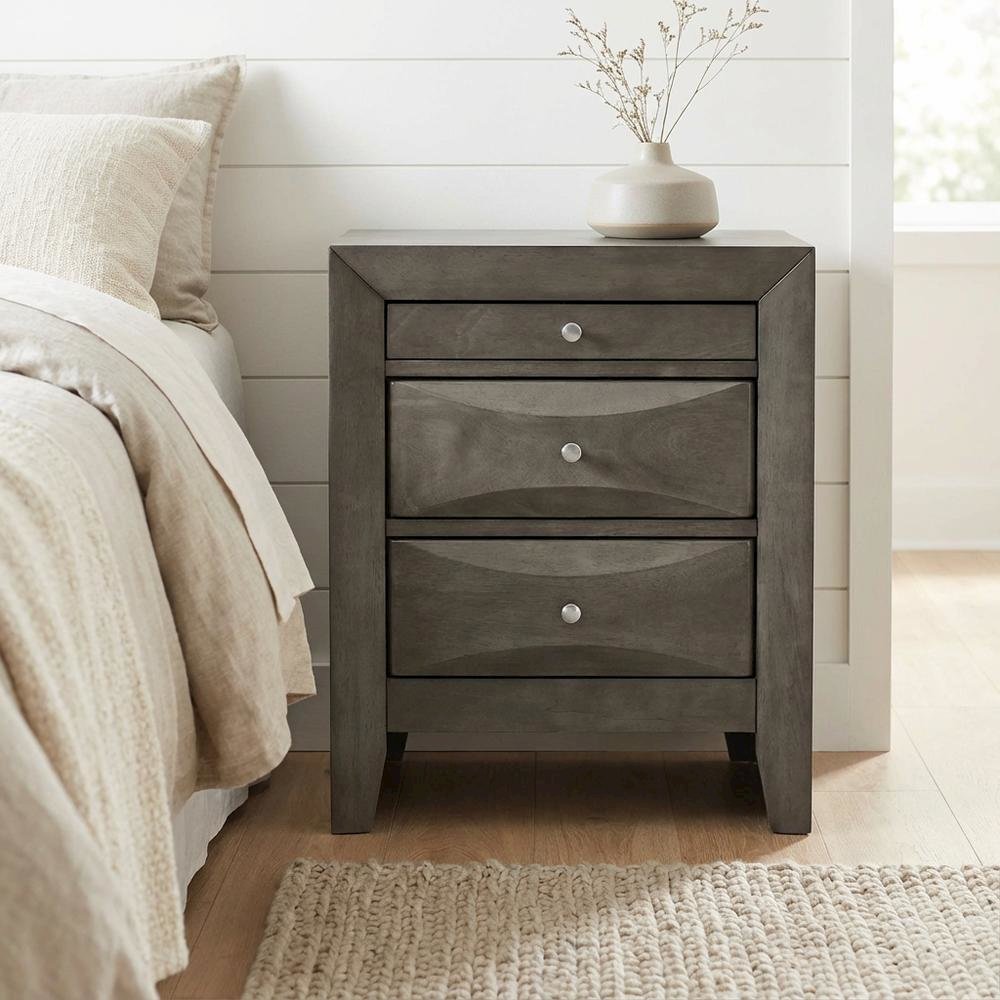 Gray Bedroom Nightstand, 3 Drawers, Dovetailed Construction, Contemporary Style