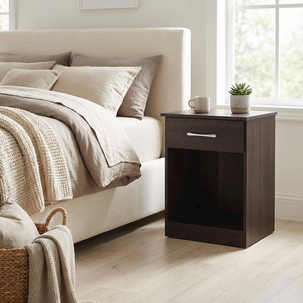 Wenge Nightstand with Single Drawer and Metal Glides for Bedroom Decor