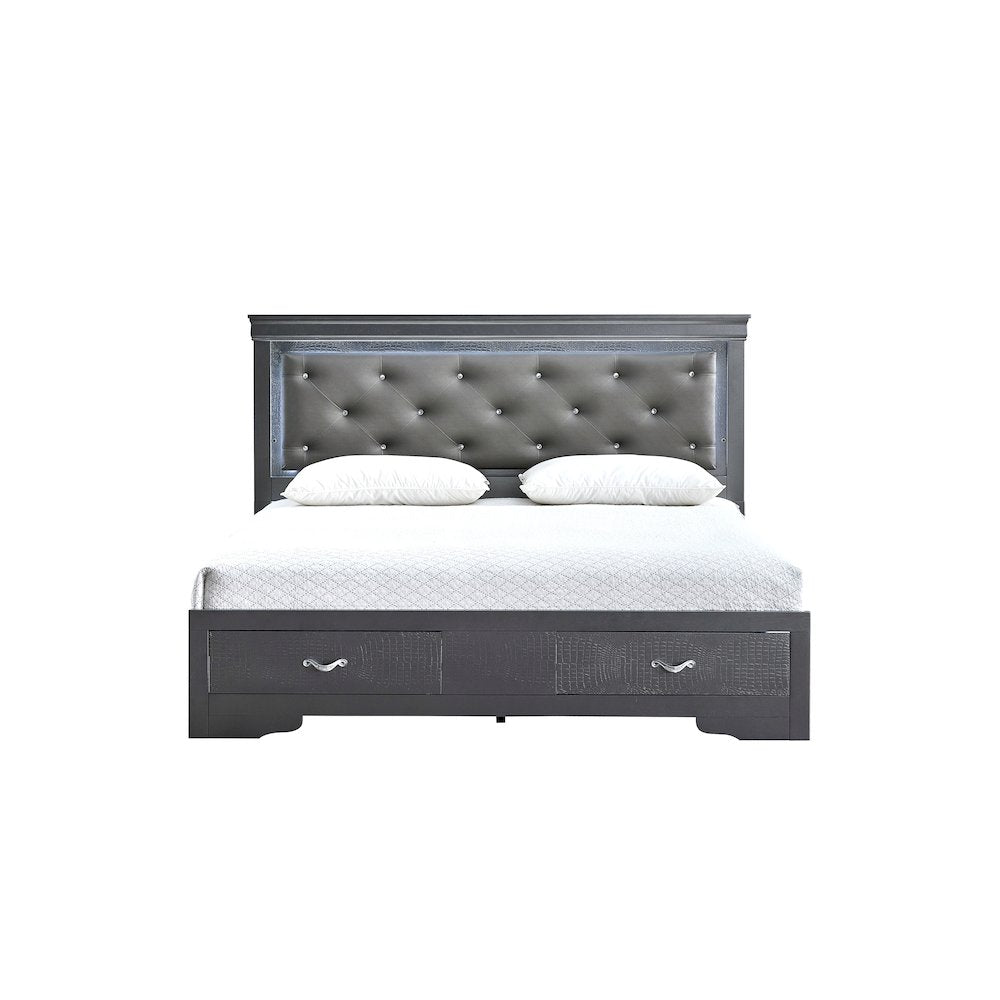 Storage Bed with LED Tufted Headboard, Modern Bedroom Beds, Gunmetal Gray, Queen