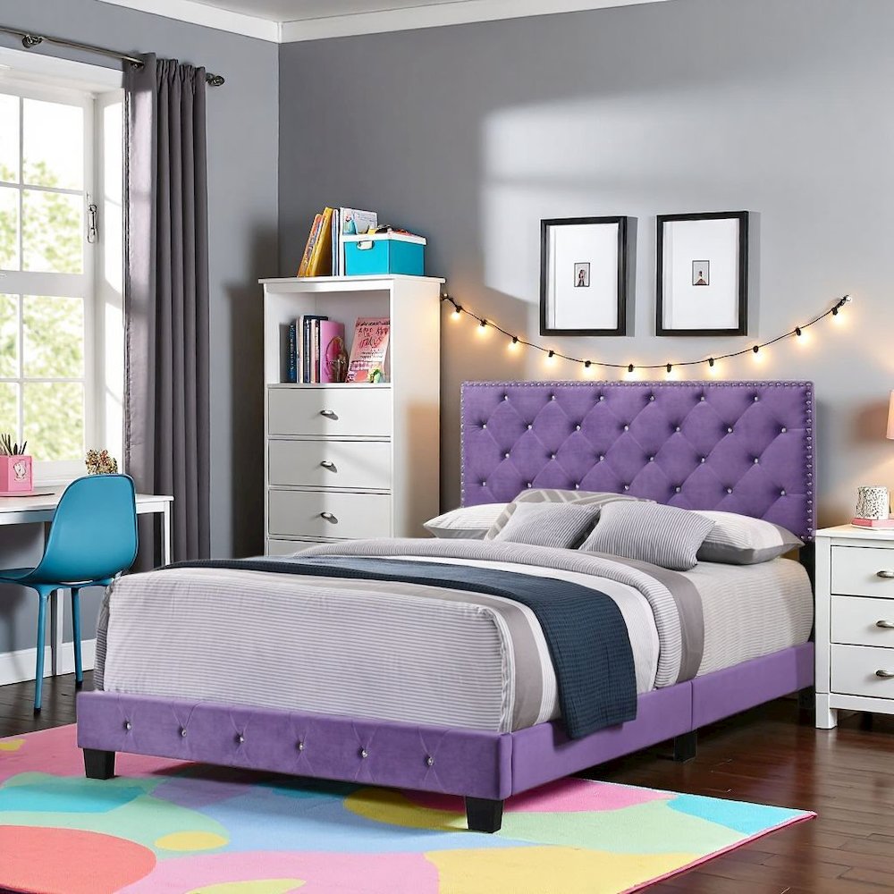Elegant Purple Full Bed Frame, Kids Full Size Bed with Modern Design
