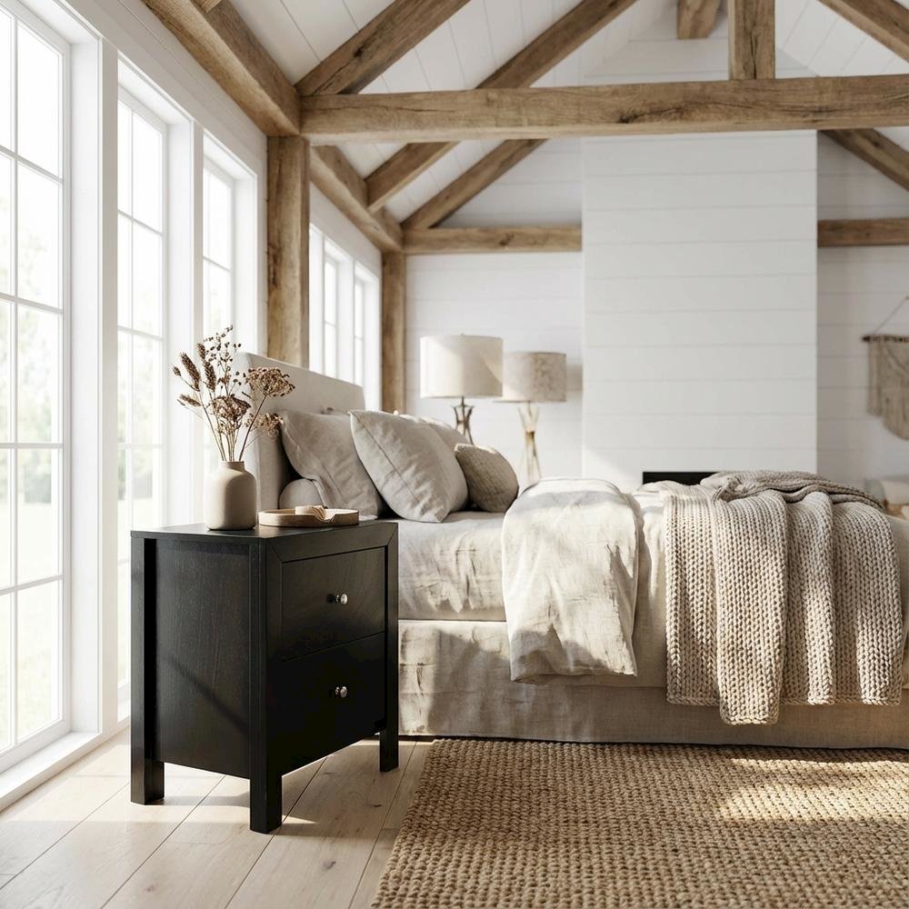 Black Bedroom Nightstand with Dovetailed Drawers and Transitional Style