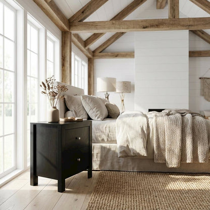 Black Bedroom Nightstand with Dovetailed Drawers and Transitional Style