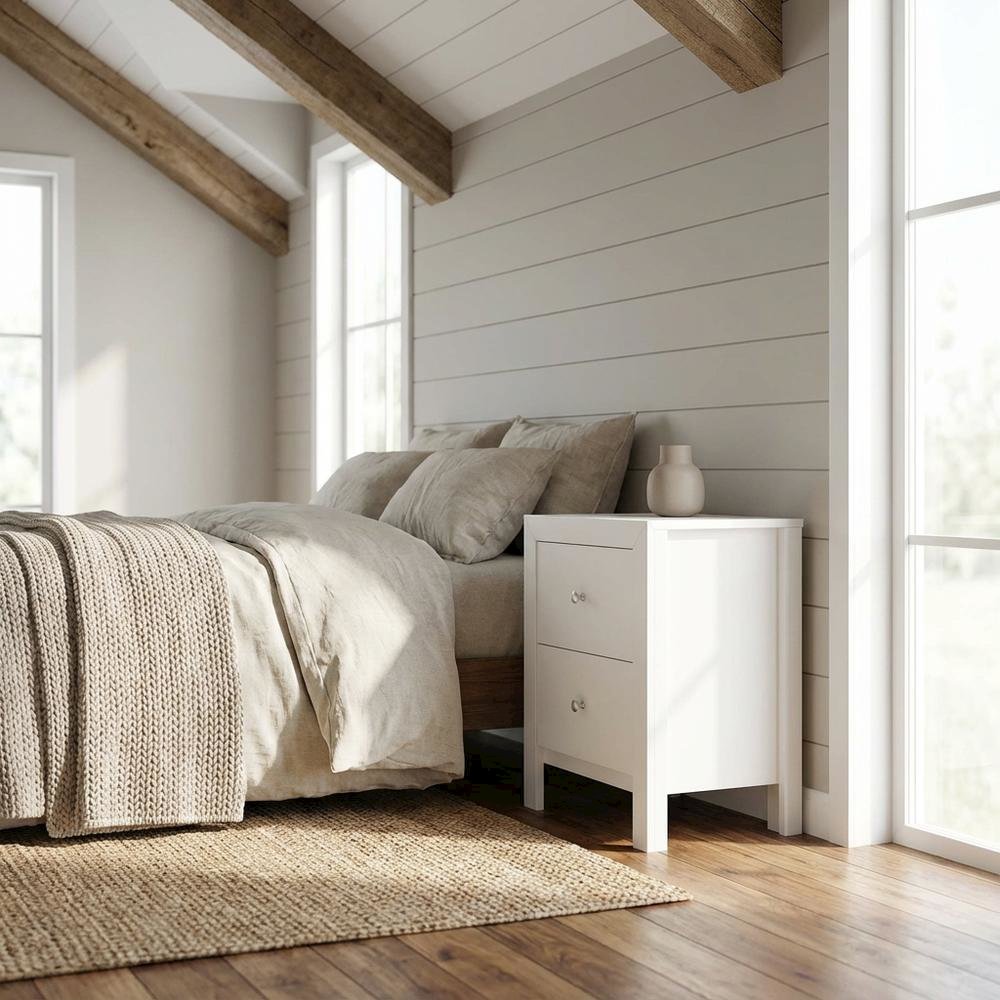 White Nightstand with Dovetailed Drawers and Transitional Style