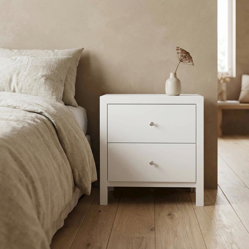 White Nightstand with Dovetailed Drawers and Transitional Style