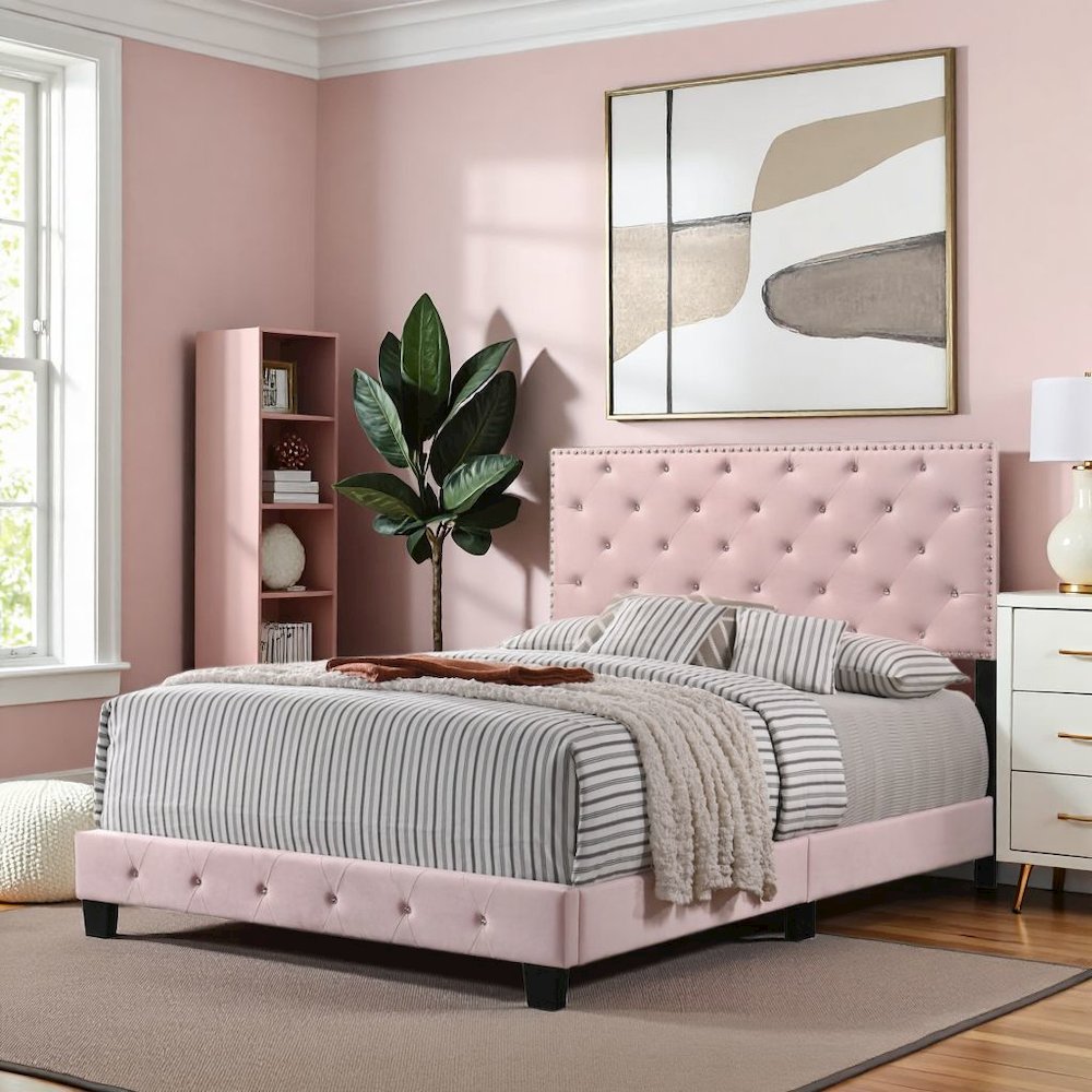 Elegant Pink Full Bed Frame for Girls, Classic Full Size Bed Design