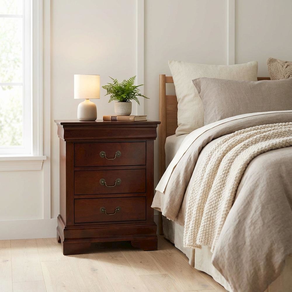 Cherry Nightstand with Traditional Style and 3 Drawers for Bedroom Storage