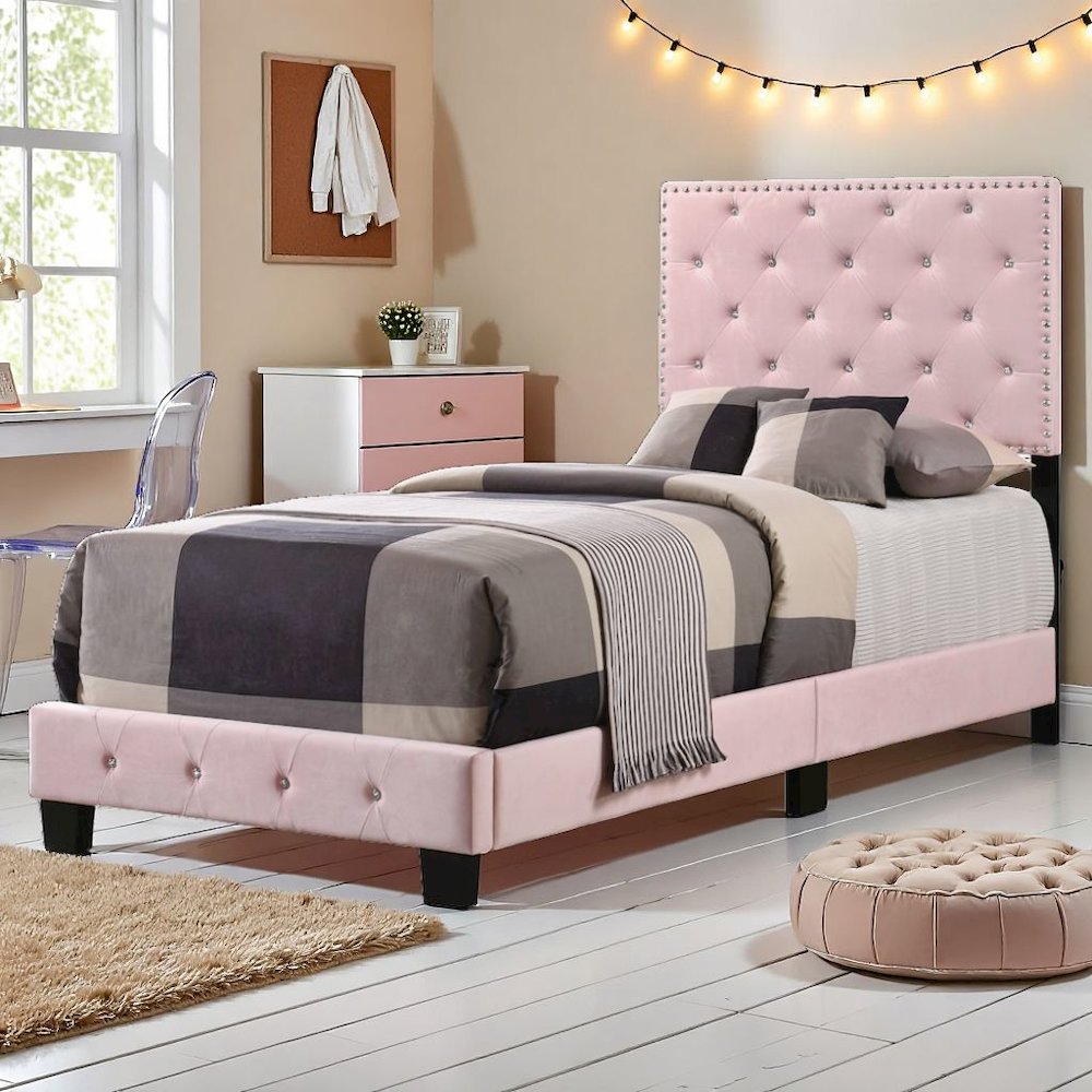 Charming Pink Girls Twin Bed Frame with Tufted Headboard and Footboard