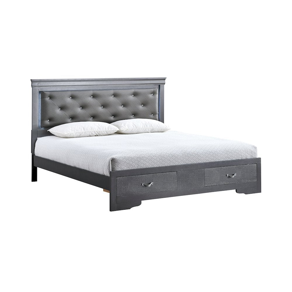 Storage Bed with LED Tufted Headboard, Modern Bedroom Beds, Gunmetal Gray, Queen