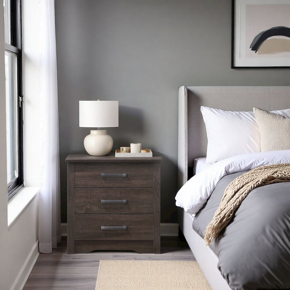 Brown 3 Drawer Nightstand – Tall Wood Nightstand with Ample Storage