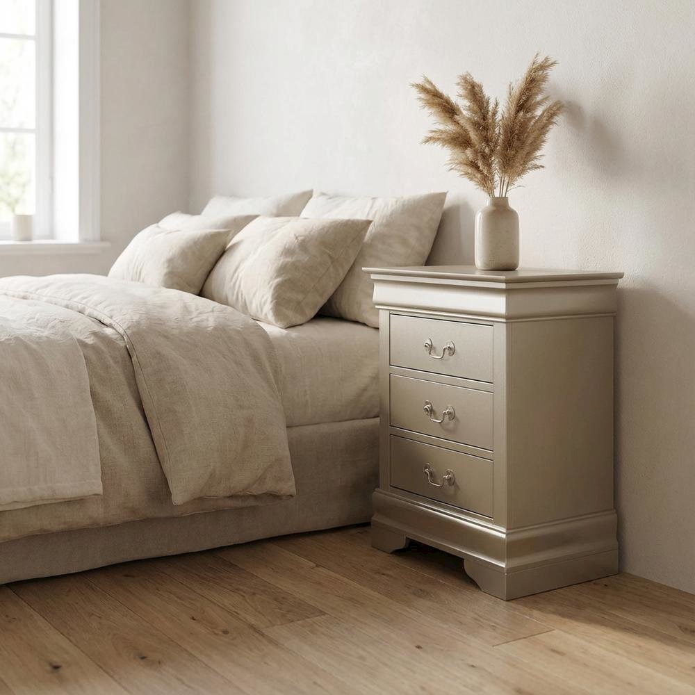 Champagne Nightstand with Traditional Style and 3 Drawers