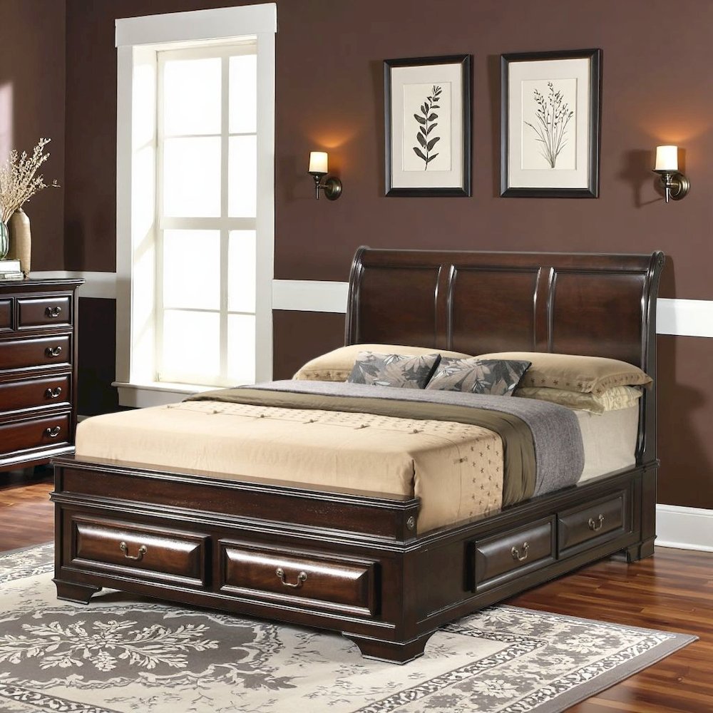 King Size Bed Frame with 6 Storage Drawers in Cappuccino Wood Finish
