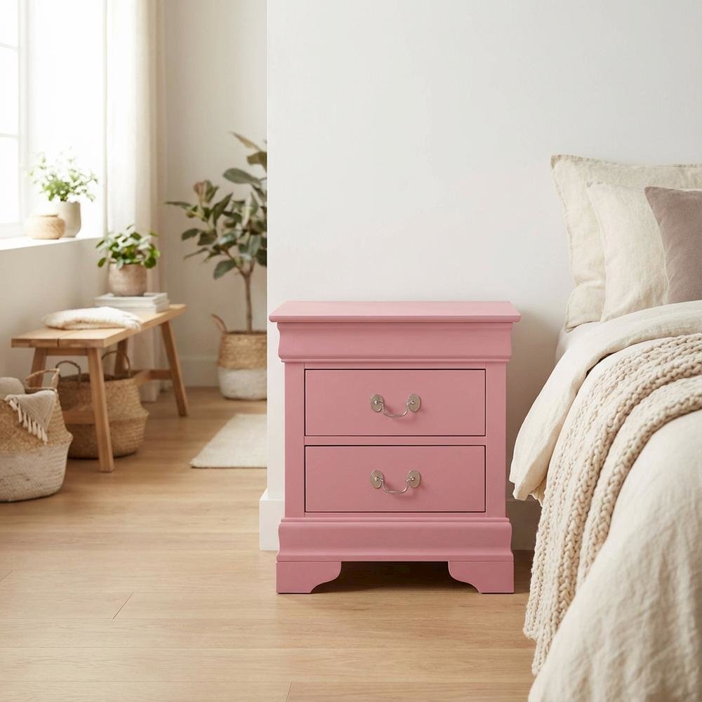 Pink Bedroom Nightstand with Traditional Design and Dovetailed Drawers