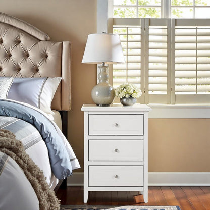 White 3 Drawer Nightstand with Wooden Construction and Elegant Drawers