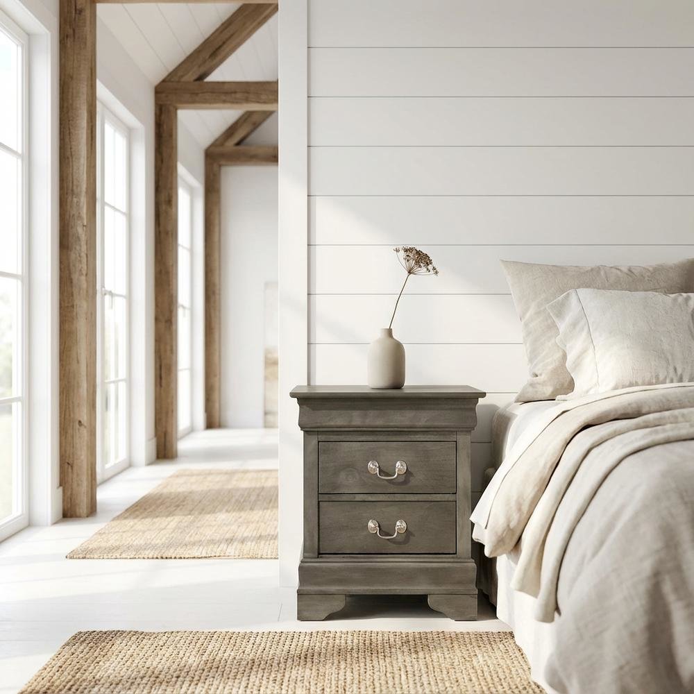 Gray Traditional Nightstand, Dovetailed Drawers, Metal Glides, Bedroom Furniture