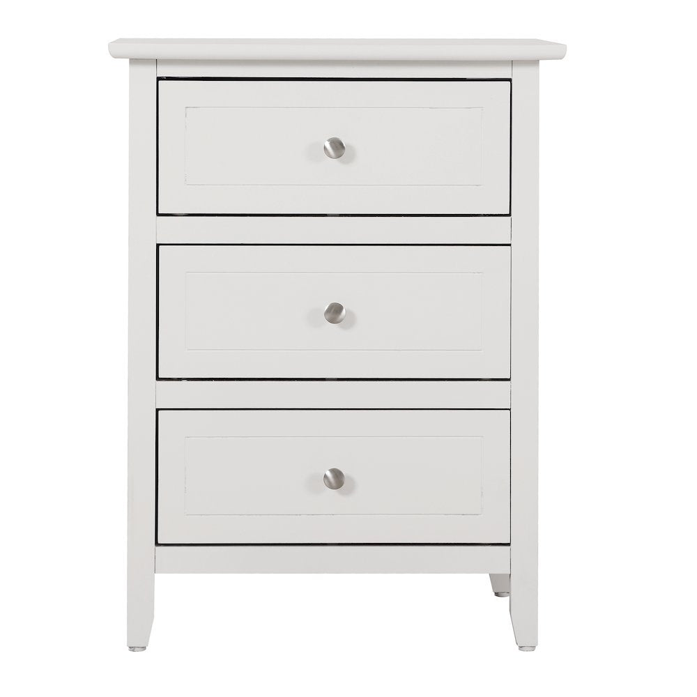 White 3 Drawer Nightstand with Wooden Construction and Elegant Drawers