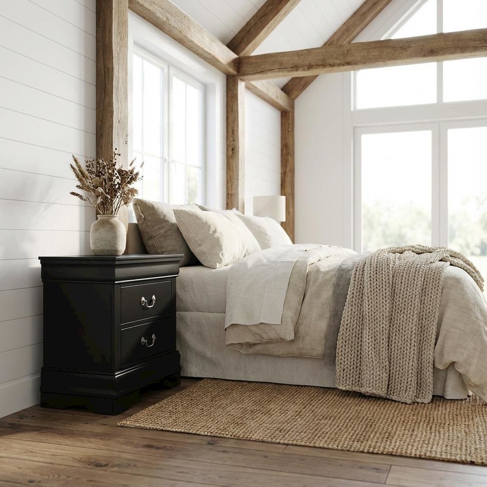 Black Wood Nightstand with Dovetailed Drawers and Traditional Design