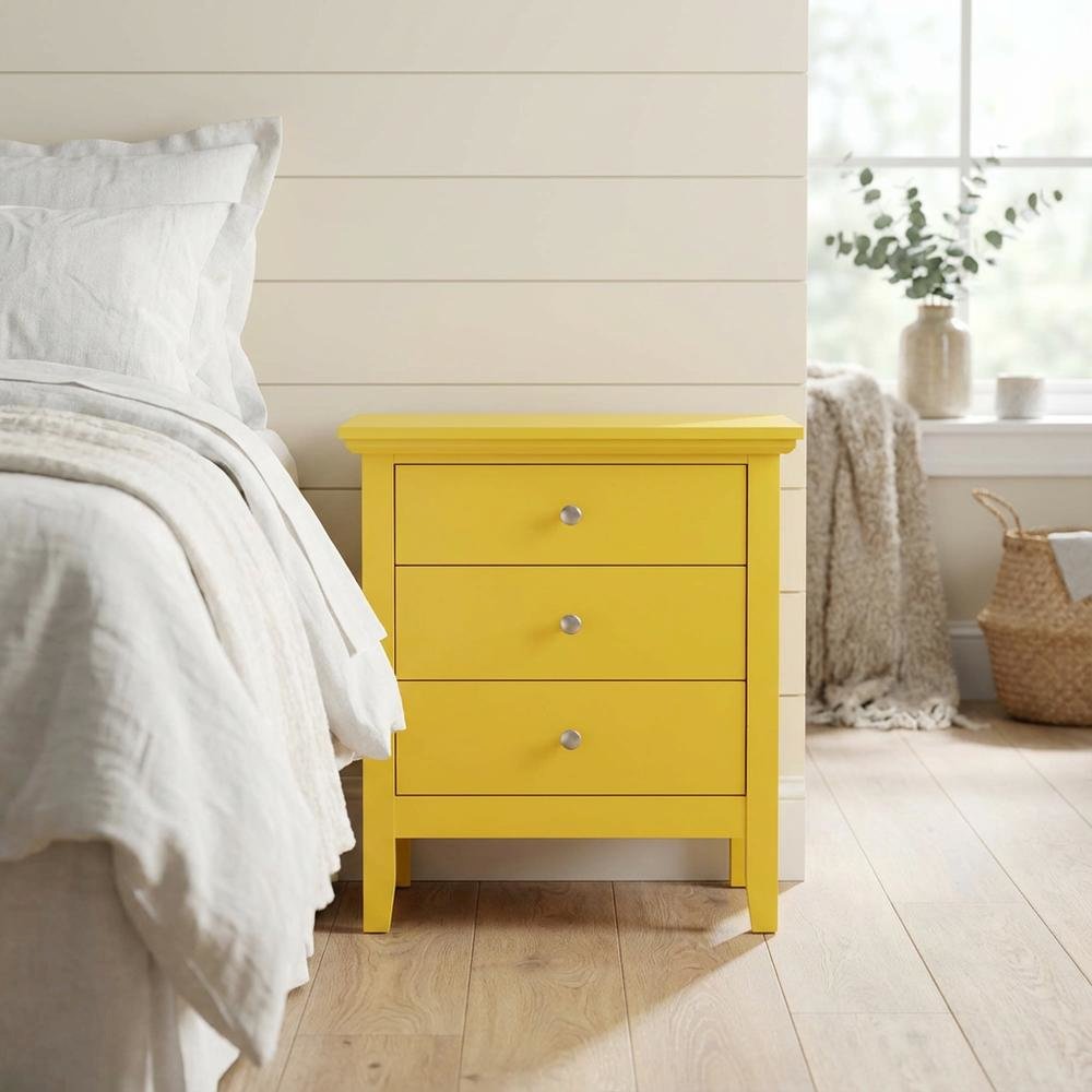 Yellow Bedroom Nightstand with 3-Drawer Casual Design, Dovetailed Fronts