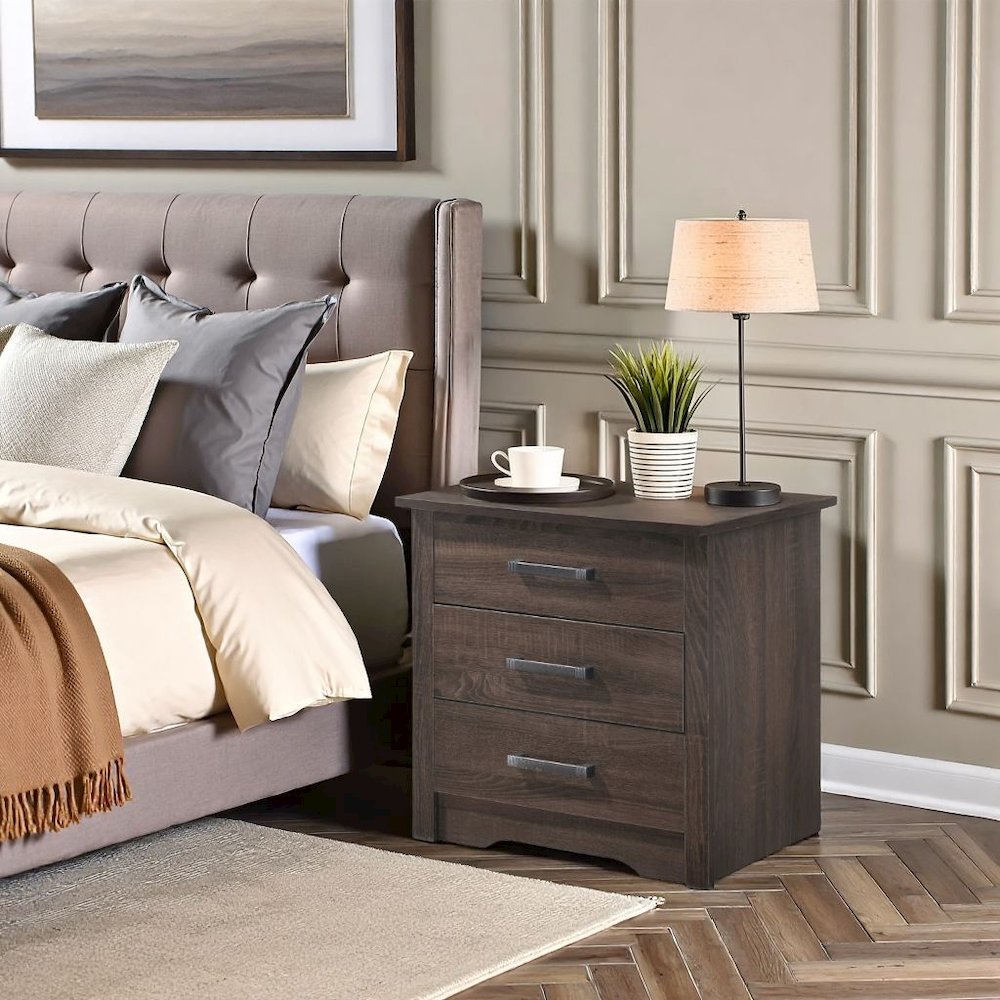 Brown 3 Drawer Nightstand – Tall Wood Nightstand with Ample Storage