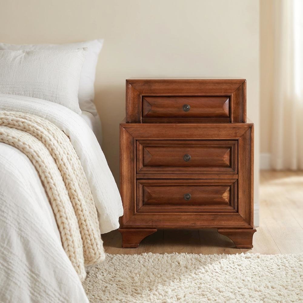 Transitional Nightstand in Oak Finish with 3 Drawers and Metal Glides