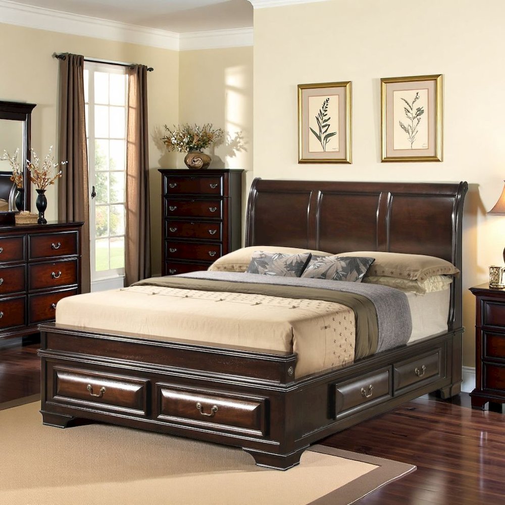 Queen Bed Frame with 6 Storage Drawers in Cappuccino Finish Wood Design