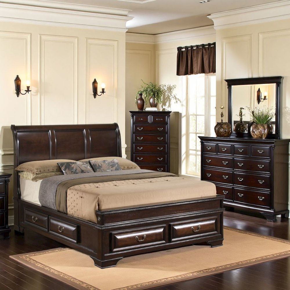 King Size Bed Frame with 6 Storage Drawers in Cappuccino Wood Finish